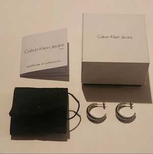 Calvin Klein Sculptural Ridged Hoop Earrings - Silver Stainless Steel Minimalist